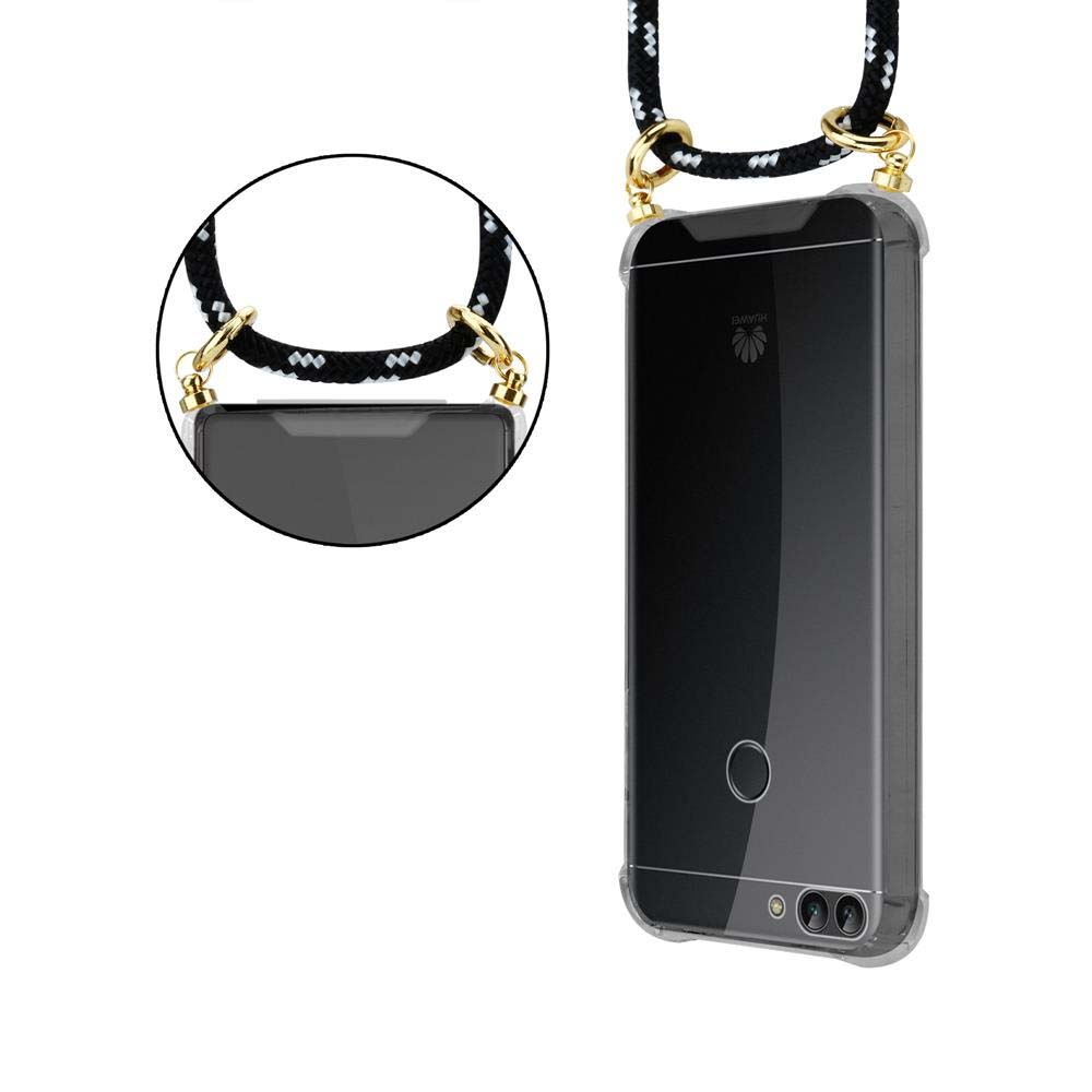Custodia per telefono con cinturino bianco e nero.
