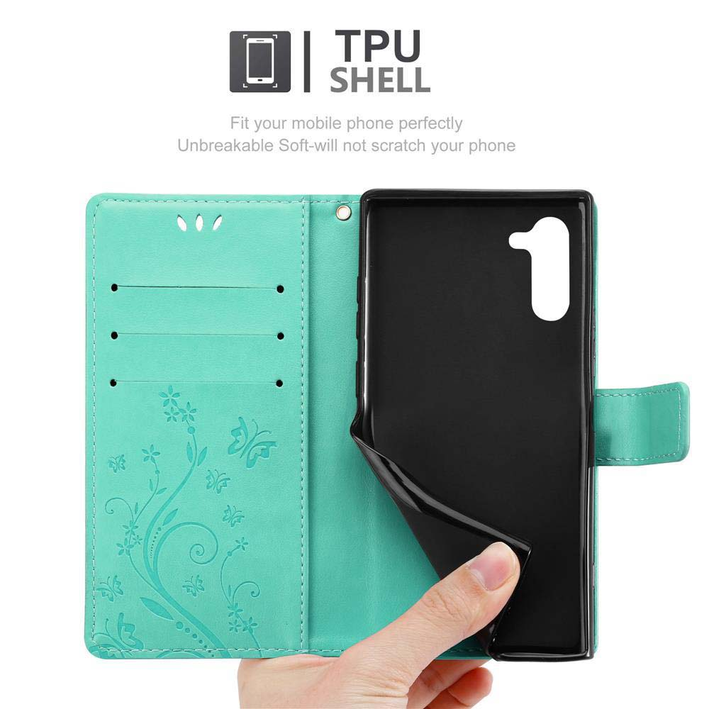 Telefon in teal Wallet-Case, das Case ist offen und zeigt die Innenseite. TPU SHELL sichtbar.