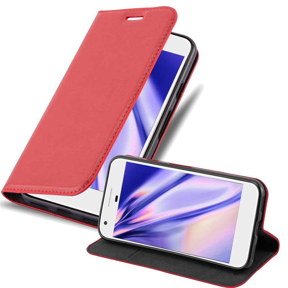 Telefono con custodia rossa. Uno dentro, l'altro aperto che mostra lo schermo.