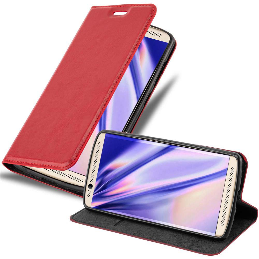 Eine rote Handyhülle, offen und geschlossen, mit einem Telefon darin.