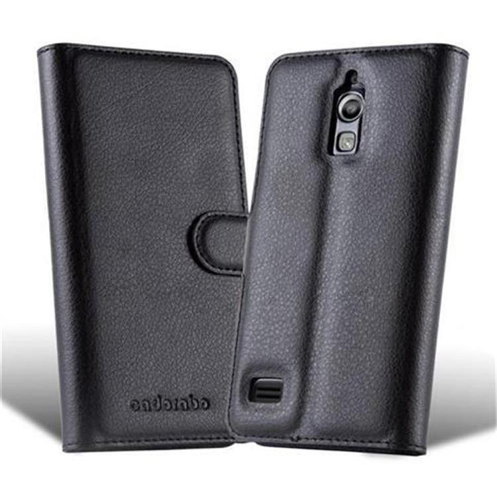 Schwarze Leder-Handyhülle, geöffnet. Zeigt ein Telefon. Die Hülle hat einen Magnetverschluss.