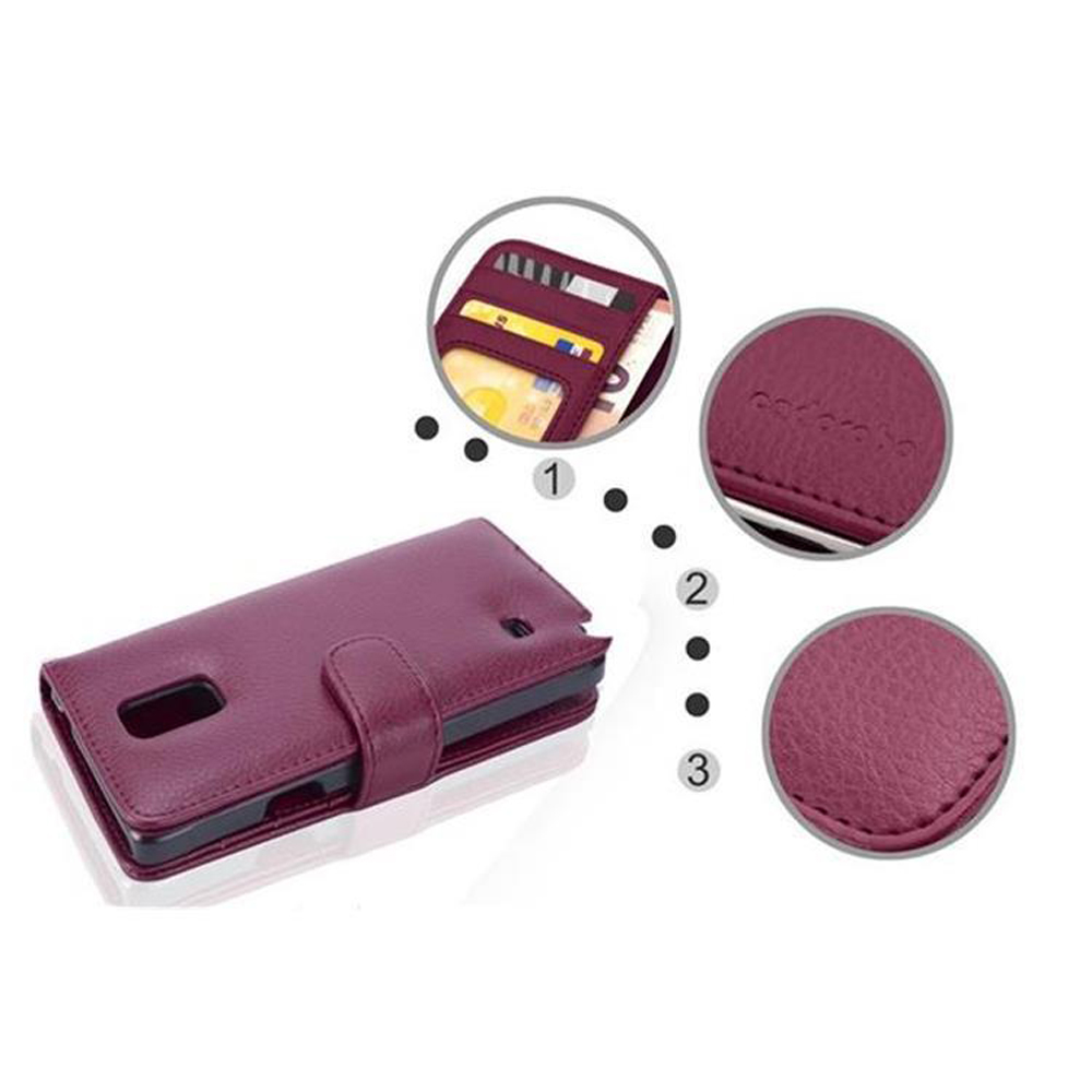 Custodia viola chiusa con un bottone. Viste ravvicinate delle cuciture e degli slot interni per carte.