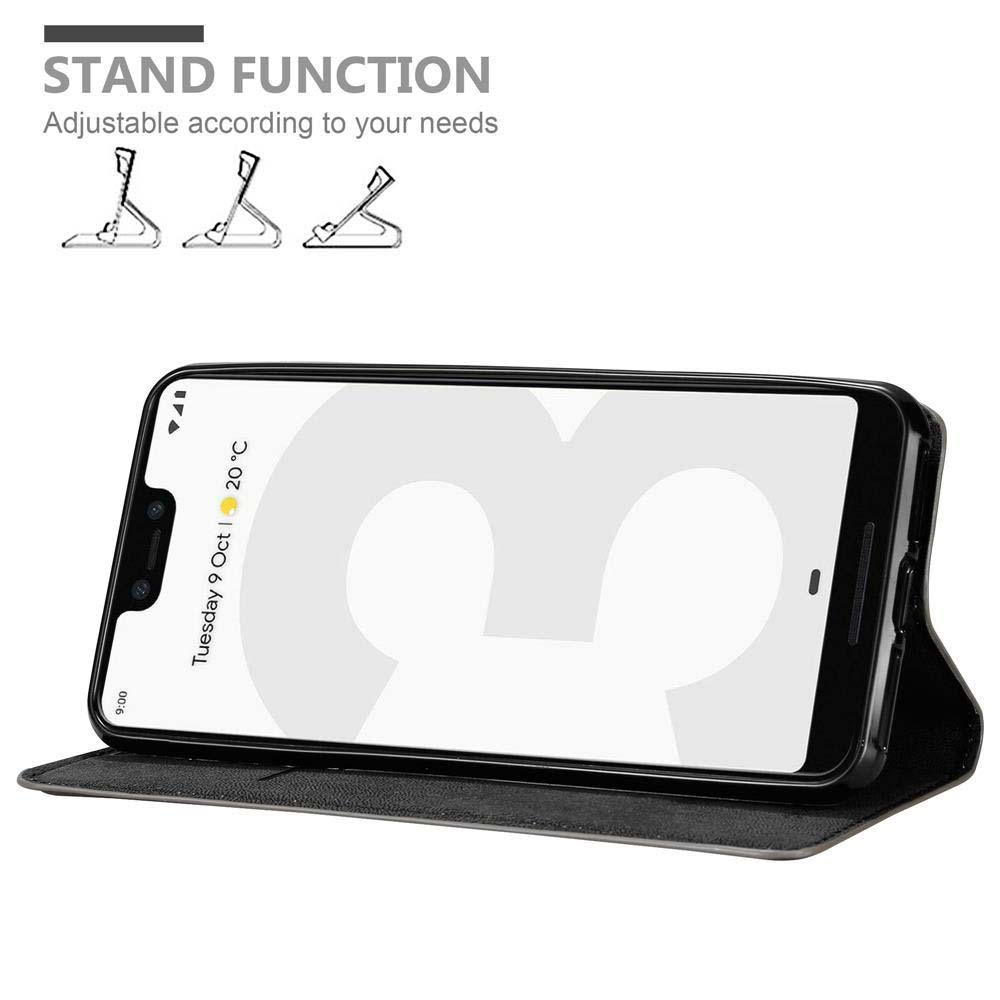 Telefono nero in una custodia con funzione stand. Lo schermo mostra data e ora. La custodia è aperta.