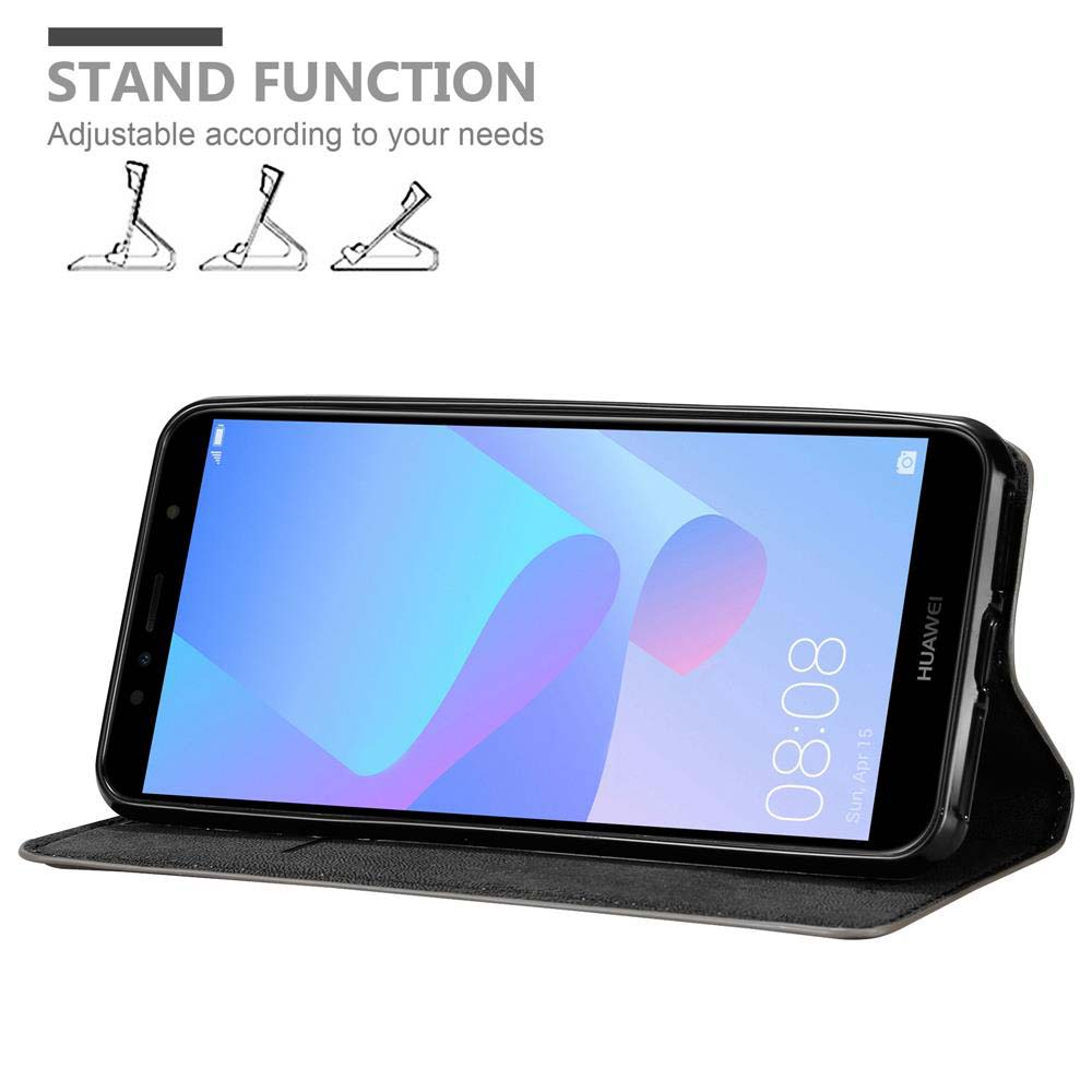 Schwarze Handyhülle mit Telefon. Standfunktion ermöglicht einstellbare Positionen. Telefon zeigt einen Bildschirm mit Uhrzeit.