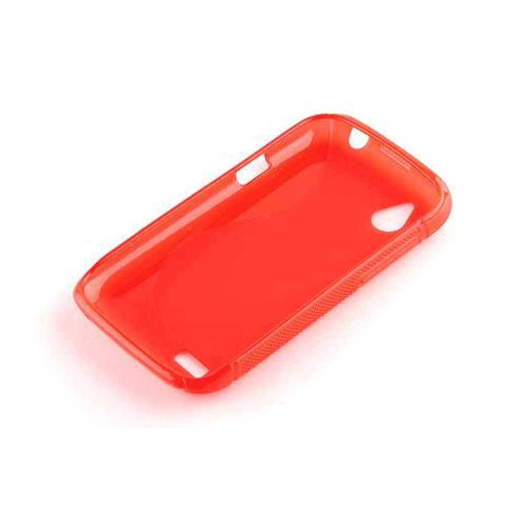 Custodia per telefono rossa, trasparente, per smartphone. È appoggiata su sfondo bianco.