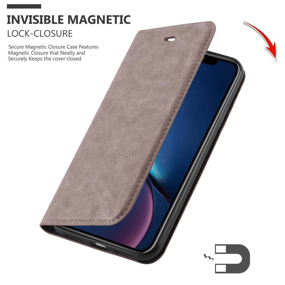 Ein Telefon in einem hellbraunen Gehäuse mit geöffneter Abdeckung. Ein Magnet und ein Magnetsymbol werden gezeigt.