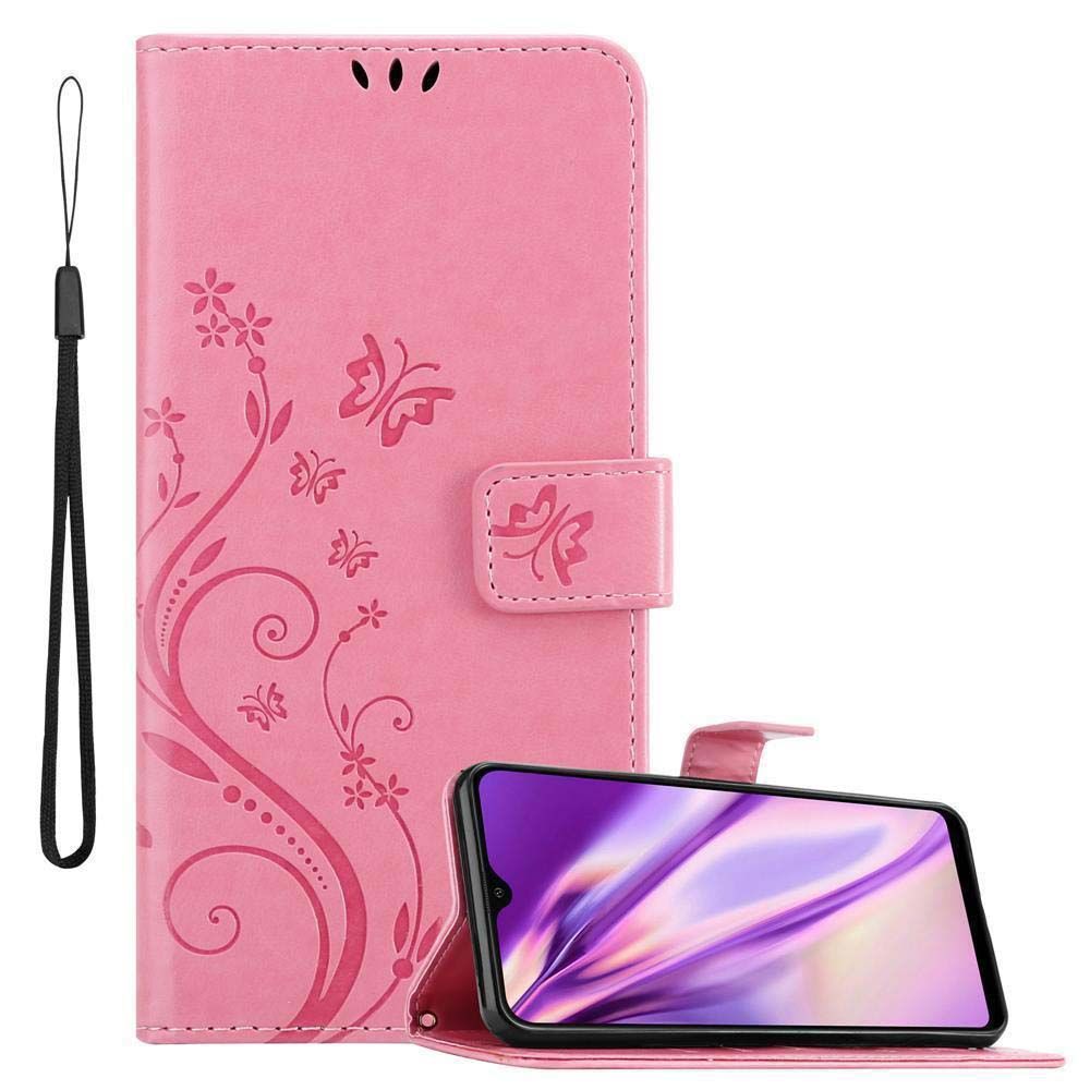 Rosa Handyhülle mit floralem Design. Geöffnete Hülle mit Telefon und Handschlaufe.