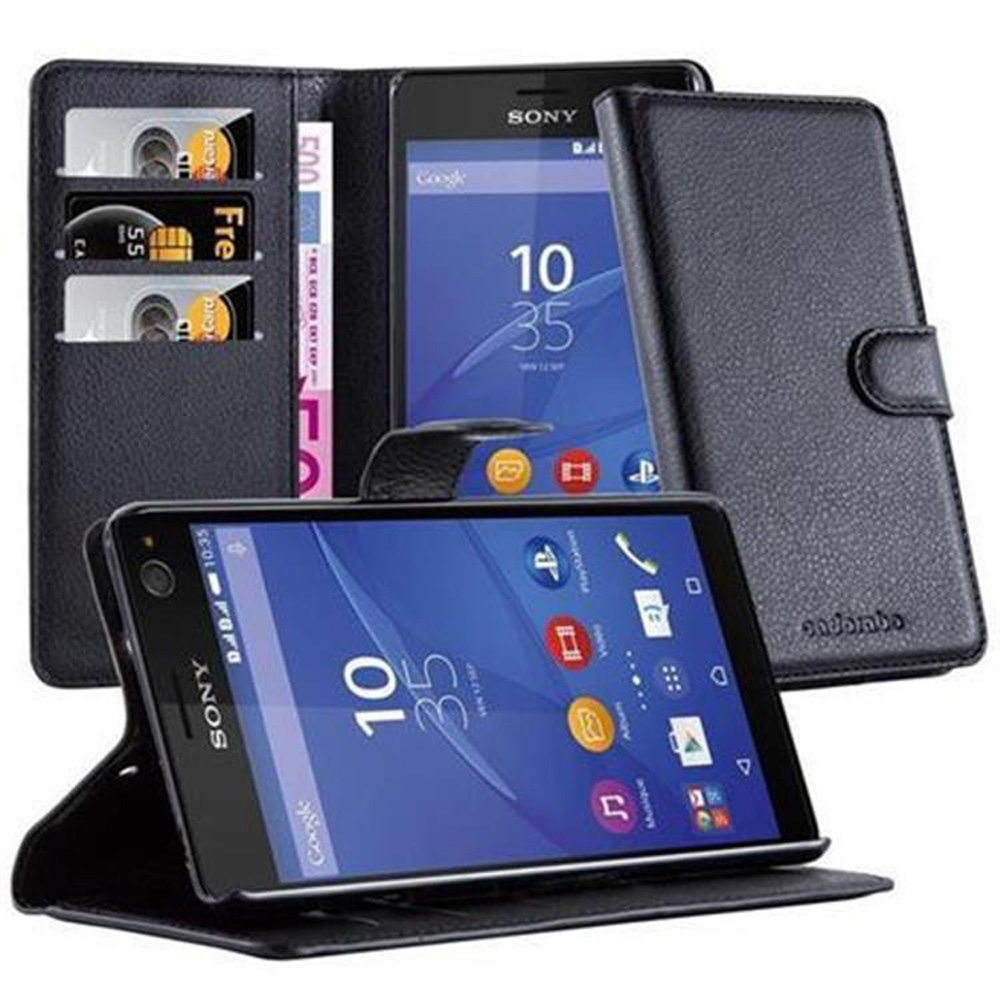 Custodia in pelle nera con telefono e carte all'interno. Il telefono ha uno schermo blu.