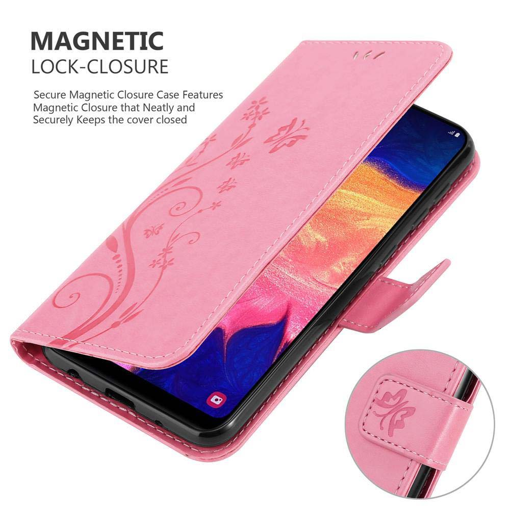 Rosa Handyhülle offen, Telefon innen. Blumendesign. Magnetischer Verschluss. Text: MAGNETVERSCHLUSS.