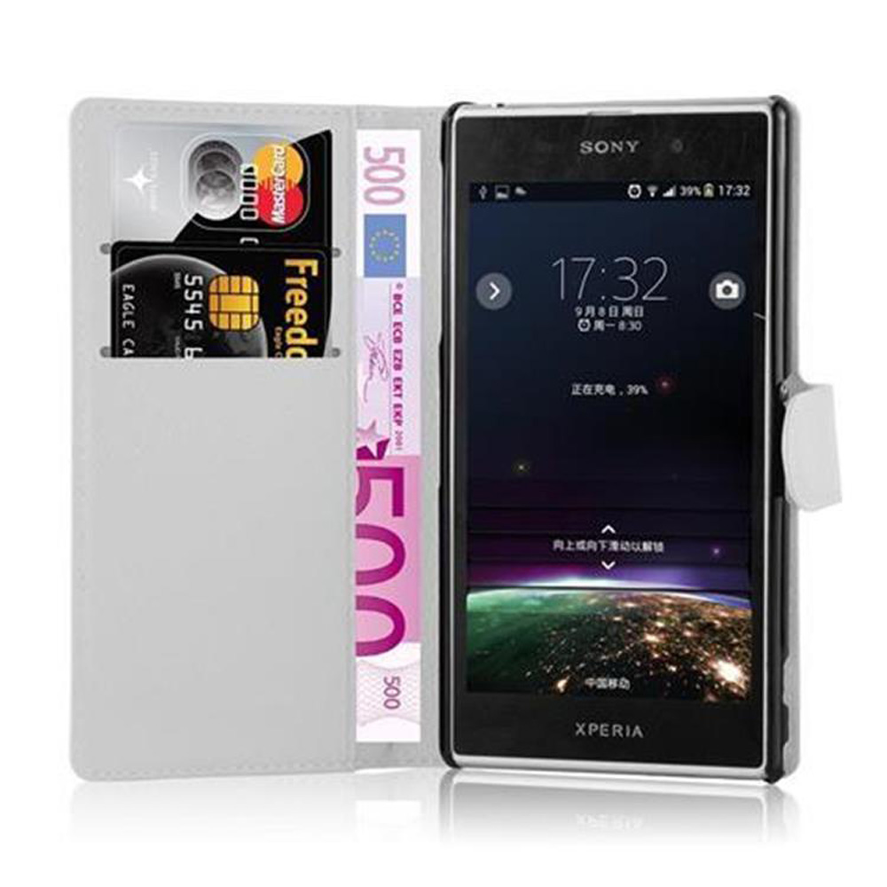 Smartphone all'interno di una custodia a portafoglio. Carte di credito e contanti visibili. Lo schermo mostra l'ora e le informazioni.