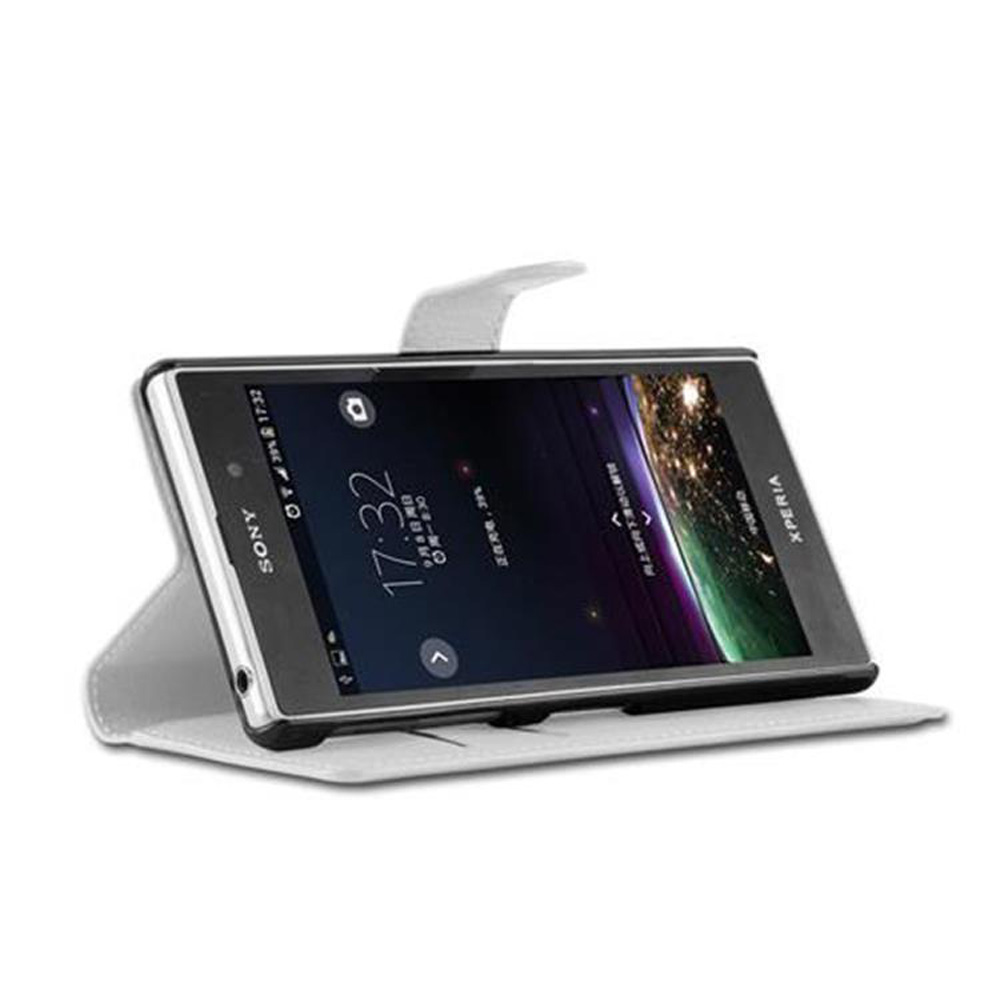 Una custodia per telefono bianca che tiene un telefono, con lo schermo che mostra un display digitale.