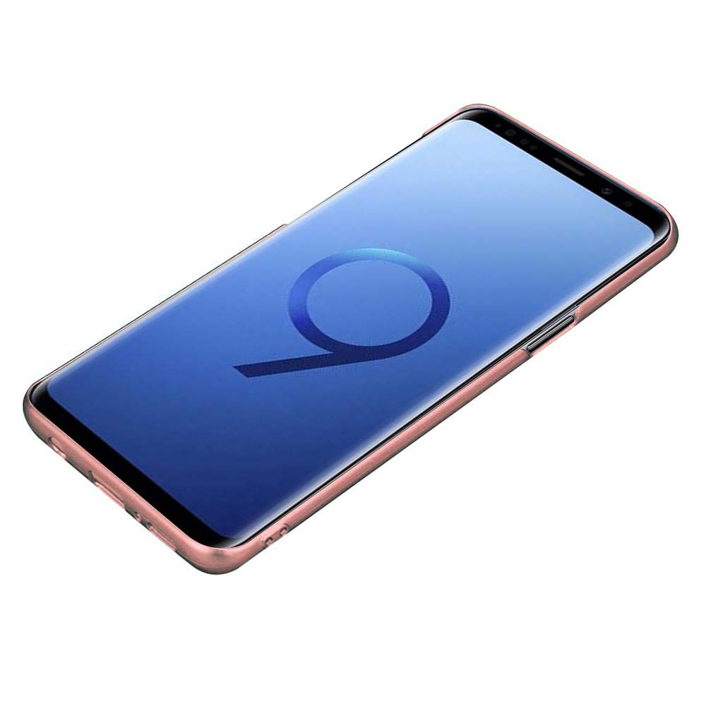 Ein Telefon in einem rosa Gehäuse, das den Bildschirm aus einem Winkel zeigt. Das Telefon befindet sich auf weißem Hintergrund.