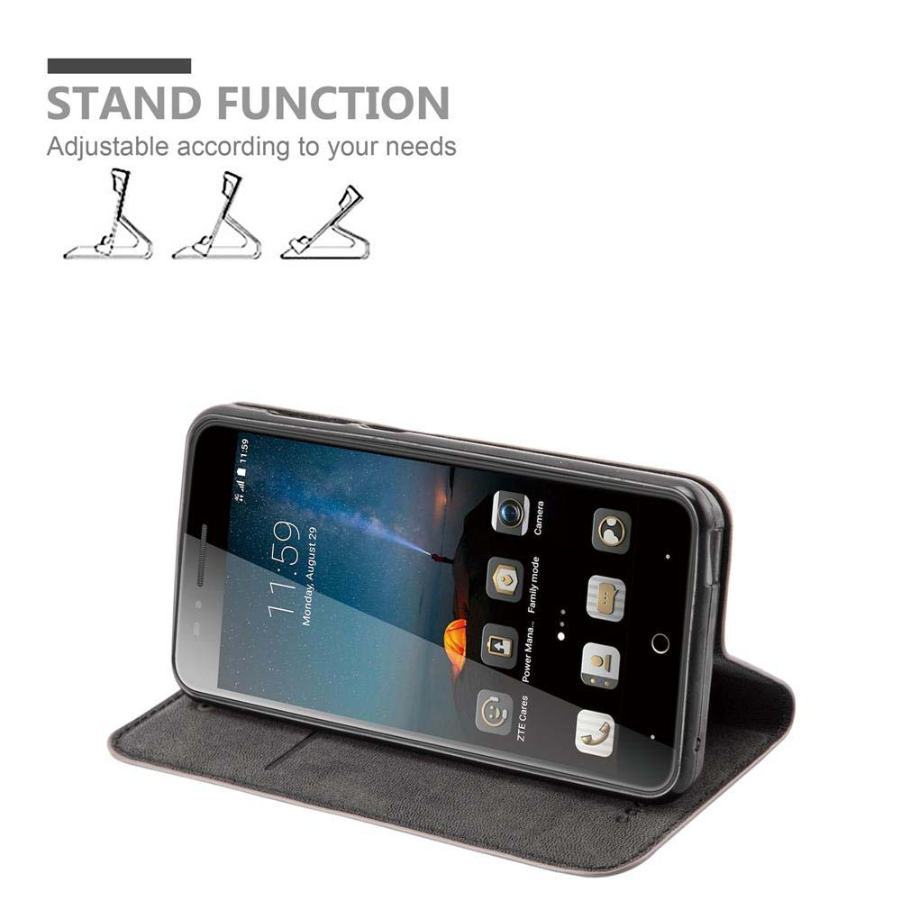 Telefono in custodia nera. Funzione stand, regolabile. Lo schermo mostra le icone delle app.