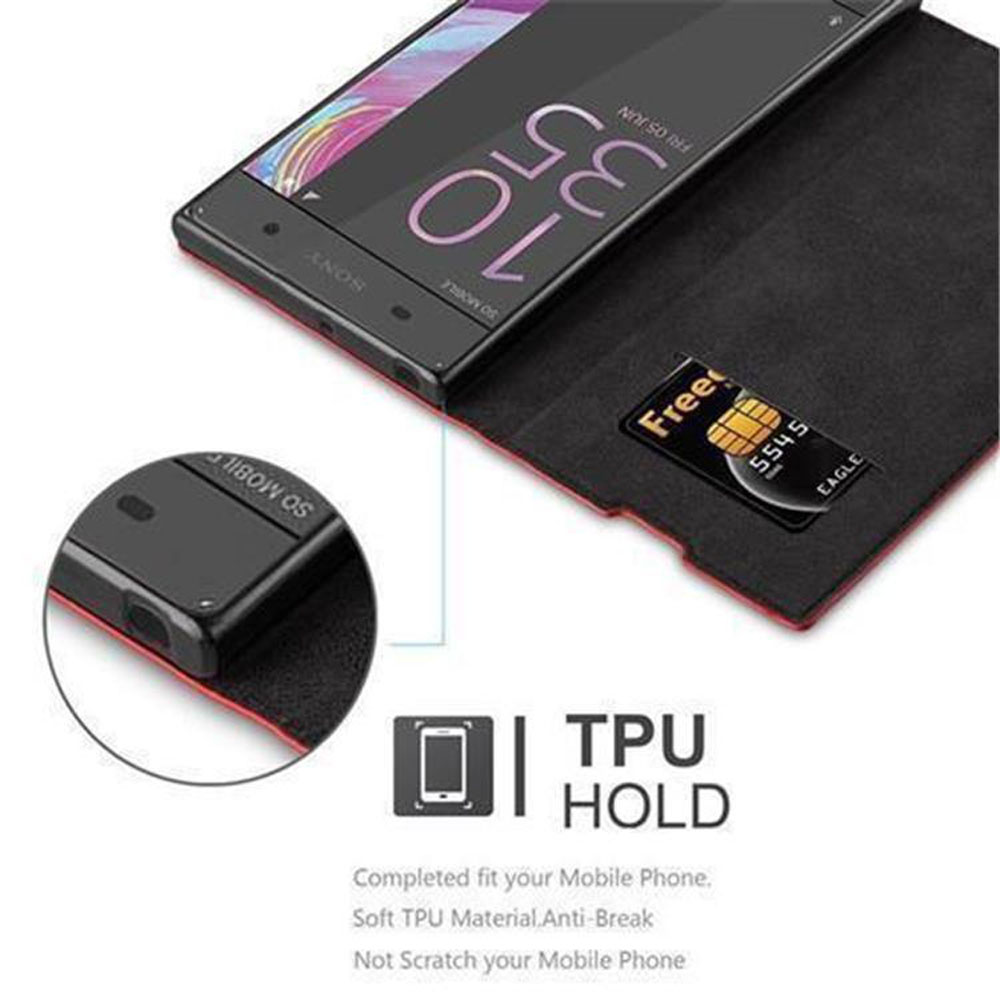 Funda de teléfono con teléfono dentro, tarjeta SIM y borde rojo. El teléfono muestra la hora.
