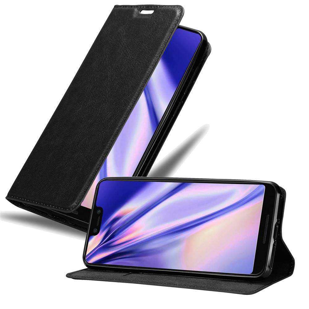 Custodia nera per telefono, aperta, che rivela un telefono e un altro in primo piano.