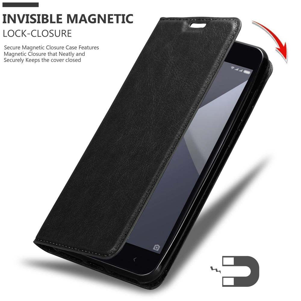 Telefono nero in una custodia nera, con chiusura magnetica invisibile. Testo: CHIUSURA MAGNETICA INVISIBILE.