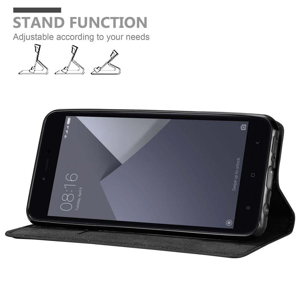 Custodia nera con telefono. Il telefono mostra uno sfondo nero. La custodia ha una funzione stand.