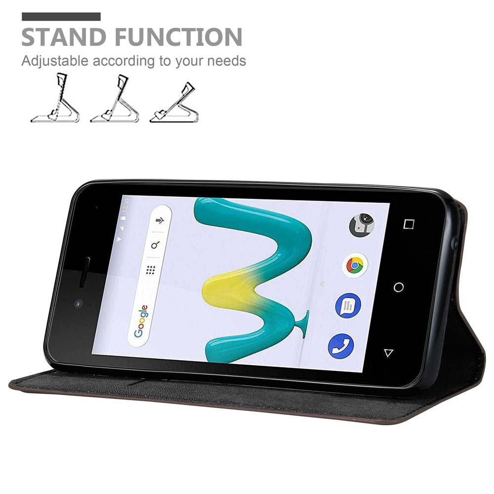 Telefono in una custodia, puntellato. Testo della funzione stand con 3 diagrammi di stand.