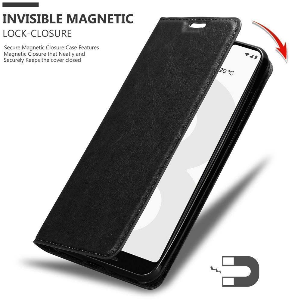 Custodia per telefono nera, aperta. C'è un telefono dentro. Descrizione della chiusura magnetica.
