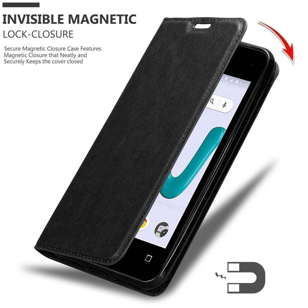 Eine schwarze Handyhülle mit einem Telefon darin, das einen Bildschirm anzeigt. Die Abdeckung ist geöffnet, mit einer Magnetgrafik.