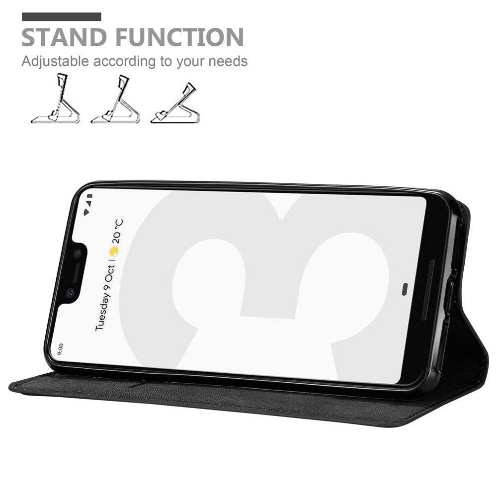 Custodia per telefono nera con funzione stand. Il telefono è nella custodia. Testo: "Funzione stand".