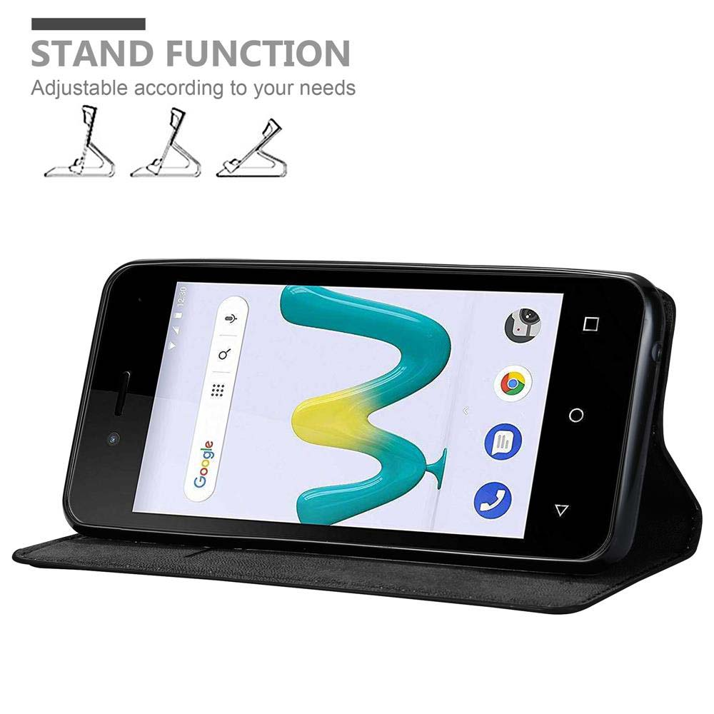 Schwarze Handyhülle mit einem Telefon, das eine farbenfrohe Oberfläche anzeigt. Die Hülle ist mit „STAND FUNCTION“ beschriftet.