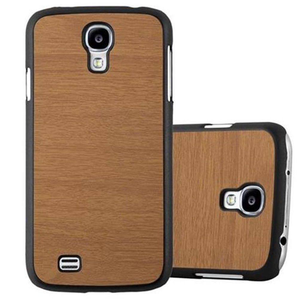 Zwei Handyhüllen mit Holzmaserungsdesign. Eine steht, die andere liegt. Beide haben Kameralöcher.