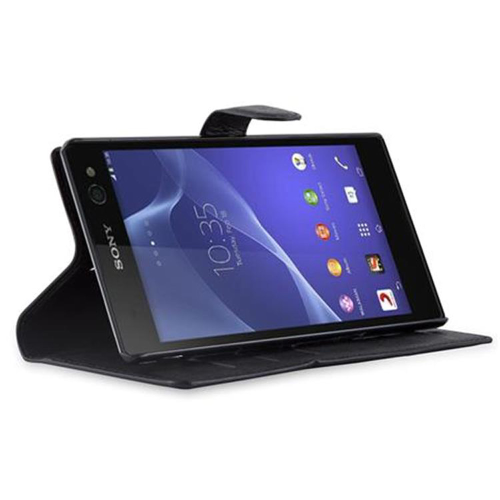 Un telefono Sony nero in una custodia nera è aperto, con lo schermo visibile.