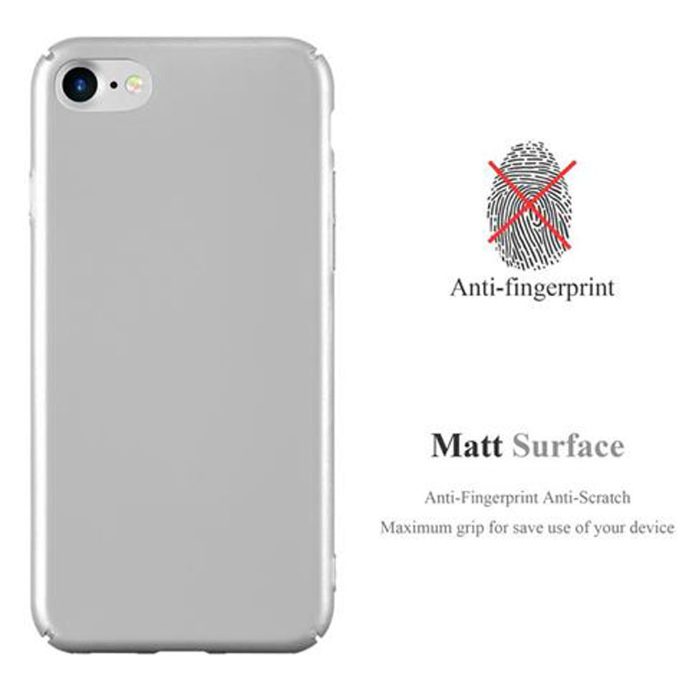 Custodia argentata. Ha una superficie opaca ed è anti-impronta. La custodia è argentata e protegge il telefono.