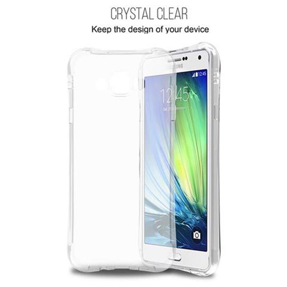 Custodia trasparente con smartphone all'interno. Lo schermo dello smartphone mostra l'ora.