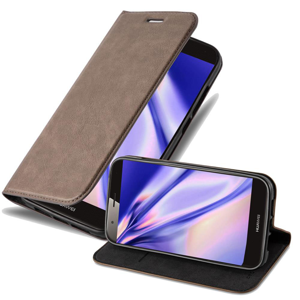 Funda marrón para teléfono, abierta, con teléfono visible. La funda es marrón, el teléfono es negro.