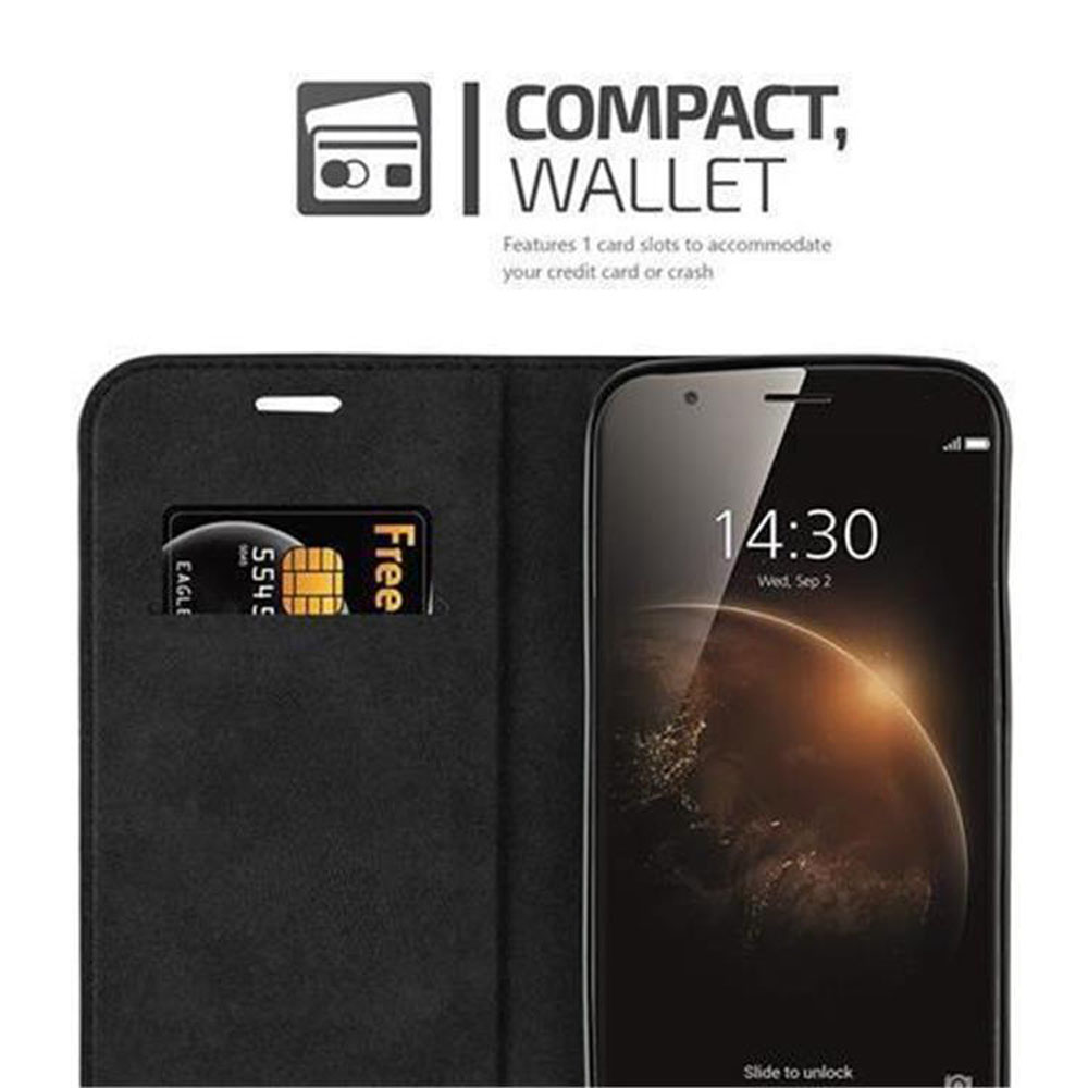 Funda de teléfono con diseño de cartera negra, ranura para tarjeta de crédito y teléfono mostrando la hora.