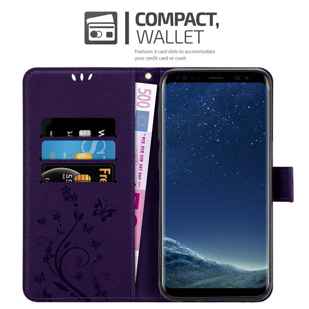 Custodia viola con telefono, carta di credito e banconota da 500 euro. Design floreale.