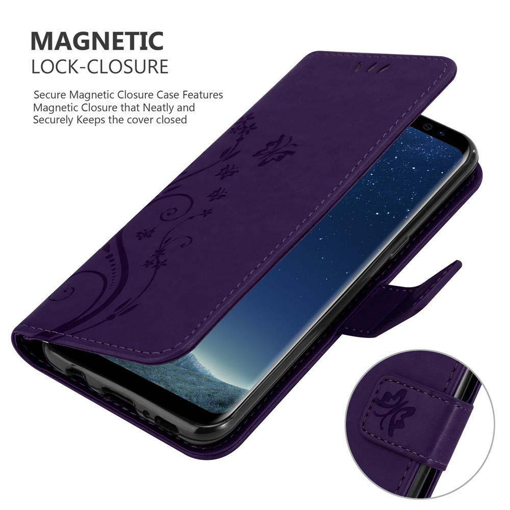 Custodia viola con telefono. Il telefono mostra uno sfondo stellato. La custodia ha una chiusura magnetica.