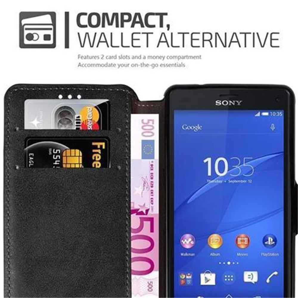 Teléfono negro en una funda tipo cartera, se ven dos tarjetas y dinero. El texto dice Compact Wallet Alternative.