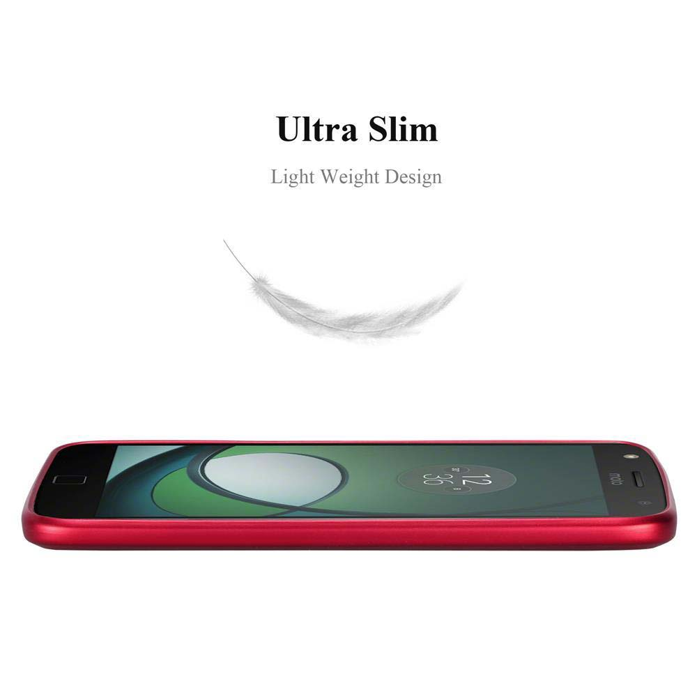 Ein rotes Telefon in einem Case. Das Telefon ist schlank. Eine Feder schwebt über dem Telefon.