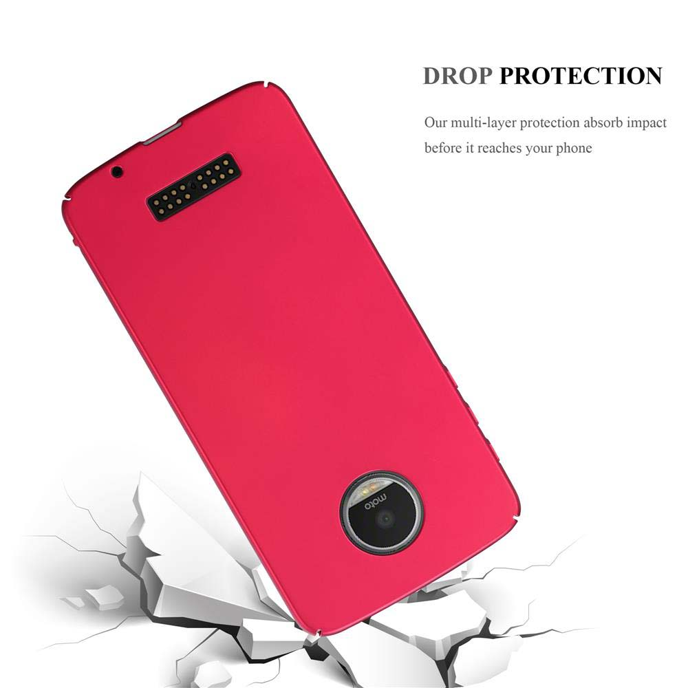 Rotes Telefon fällt auf eine zerbrochene Oberfläche. Sturzschutz ist die beworbene Funktion.
