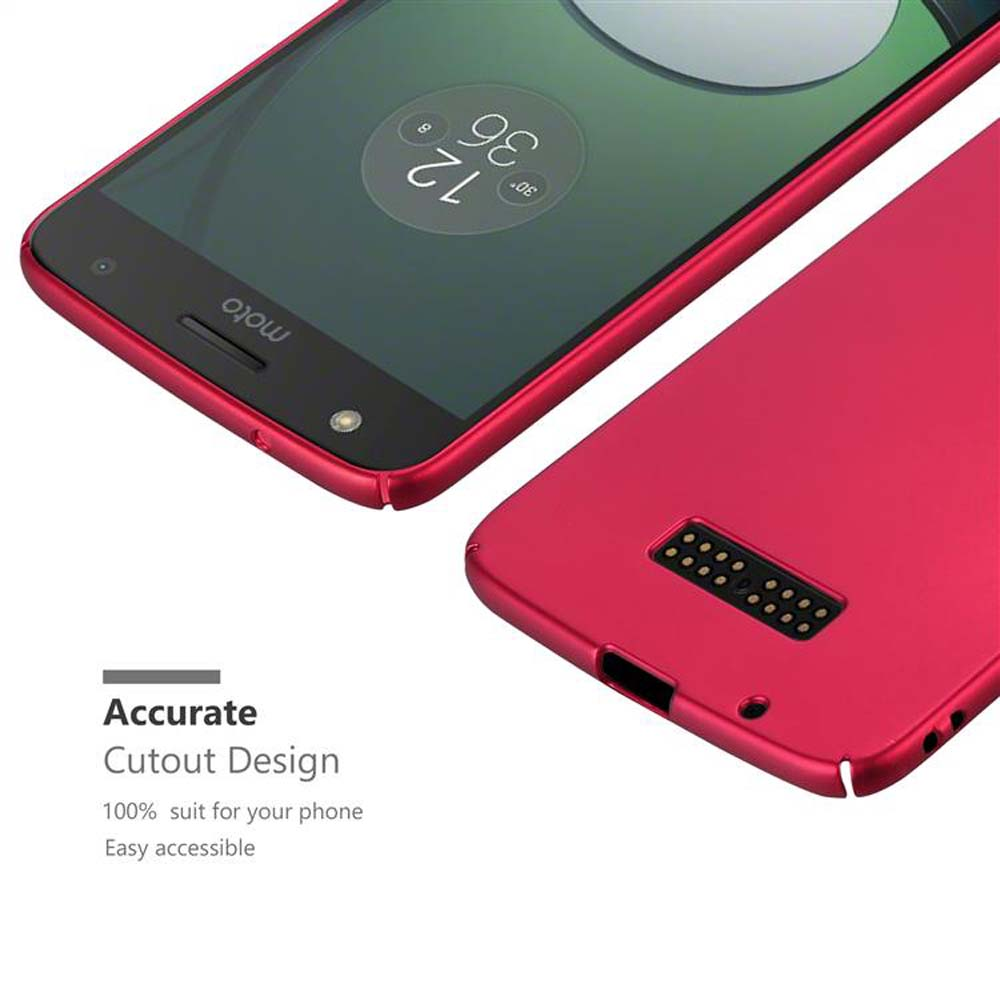 Ein rotes Telefon und eine rote Hülle mit einem Ausschnitt-Design. Das Telefon liegt nach oben.