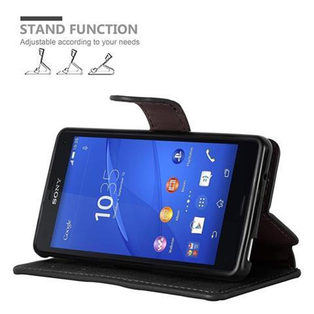 Un teléfono Sony negro en un estuche está abierto, mostrando la pantalla.