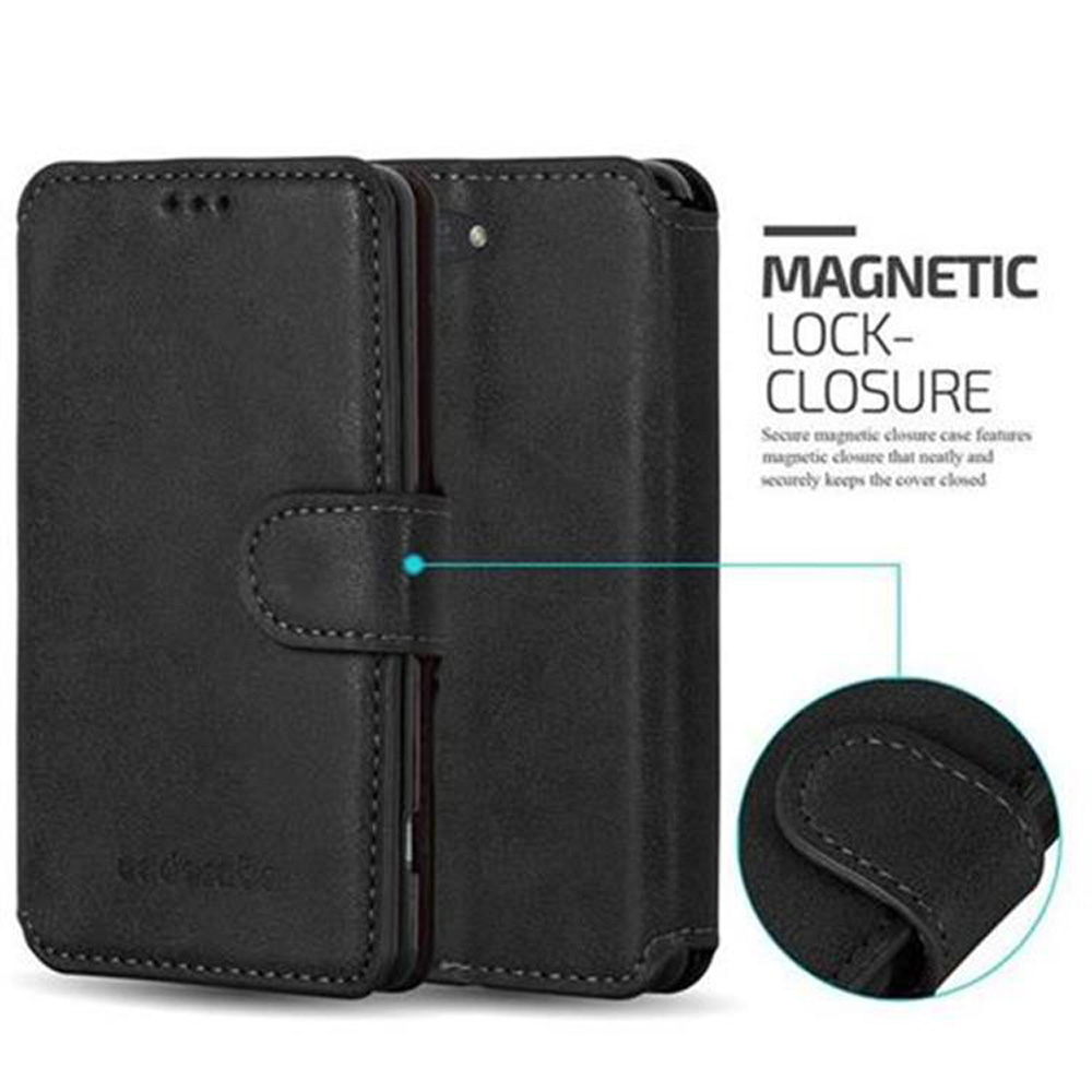 Una funda negra cerrada con cierre magnético. Un círculo muestra el detalle del cierre.