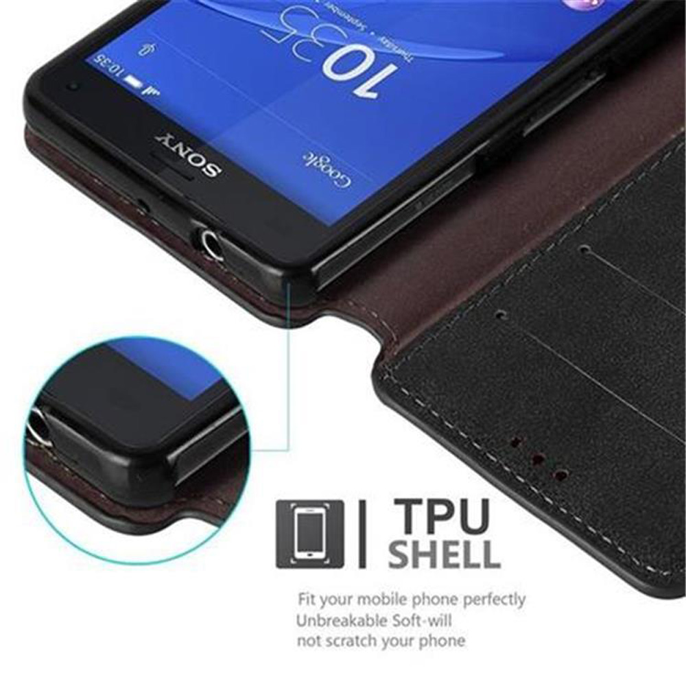 Teléfono en funda marrón, vista lateral, puertos visibles. Texto: TPU SHELL. Ajuste perfecto, no rayará.