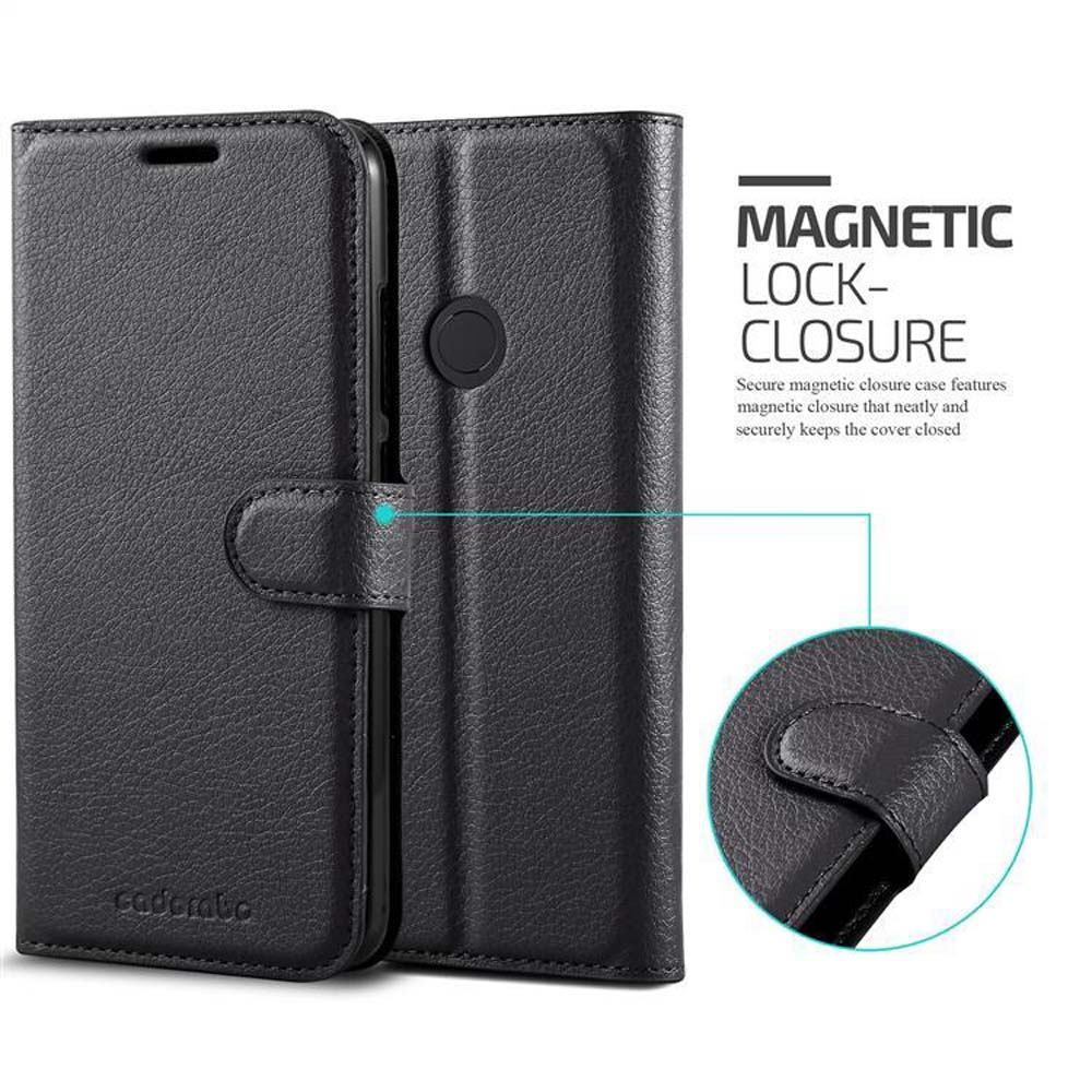 Schwarze Leder-Handyhülle mit Magnetverschluss. Die Hülle ist im Bild geschlossen. Text: Magnetischer Verschluss.