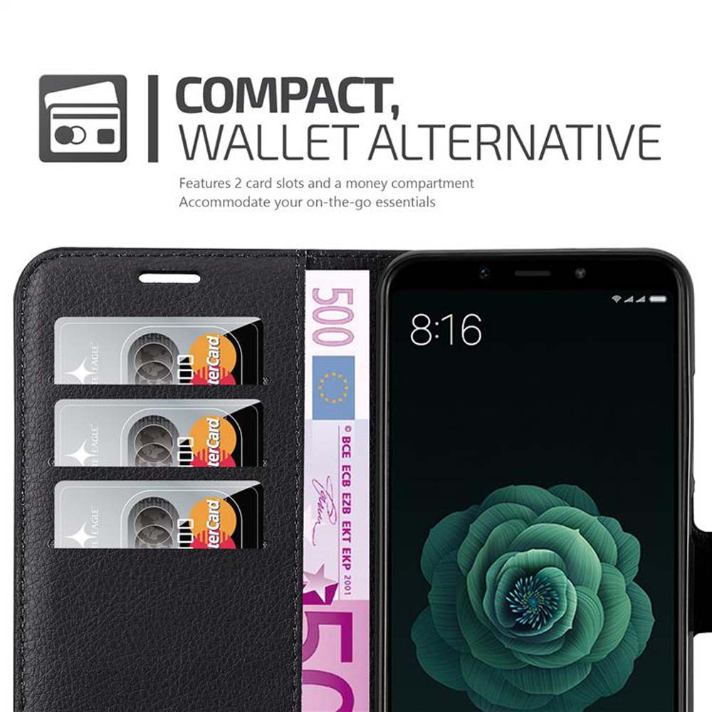 Schwarze Handyhülle mit Telefon. Kompakte Geldbörsenalternative. Drei Karten und Geld werden gezeigt.