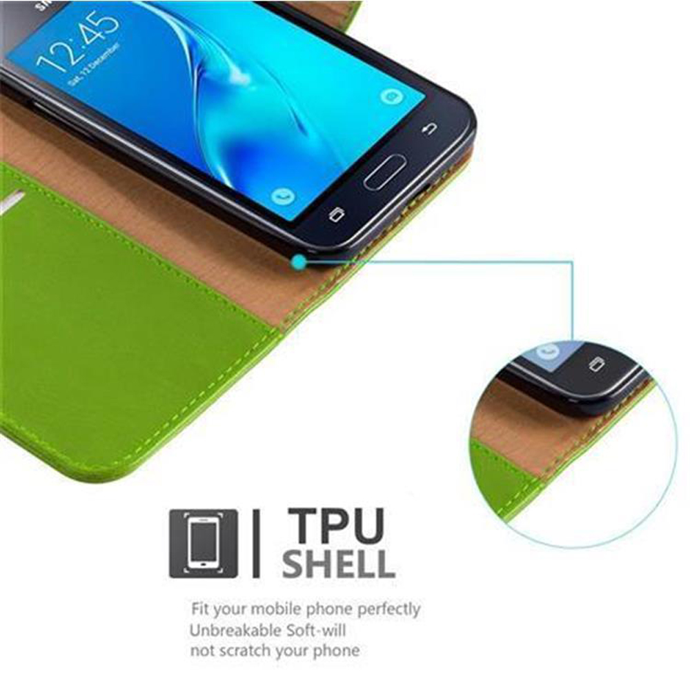 Telefon in einem Gehäuse mit grünem Innenraum. Text: TPU-Schale. Weißer Hintergrund, Nahaufnahme.