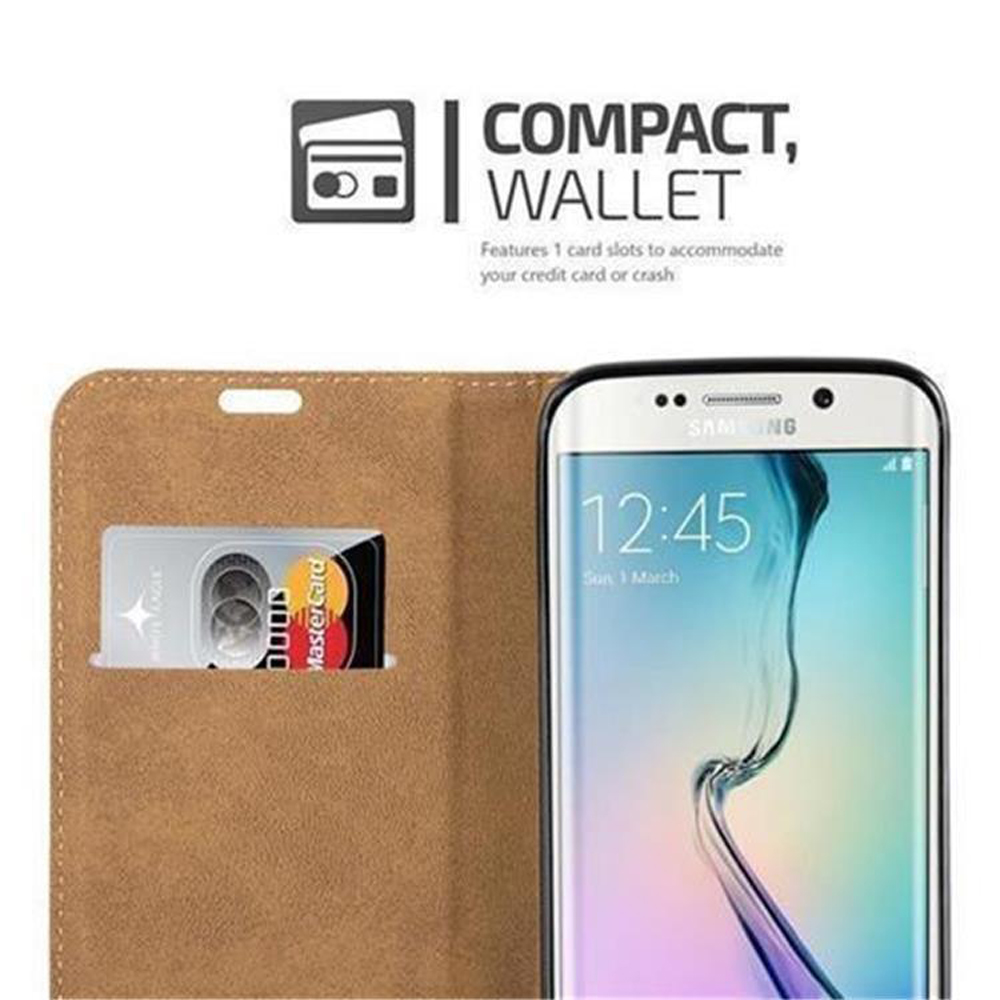 Custodia a portafoglio compatta, con fessura per carte. Telefono a destra, mostra l'ora.
