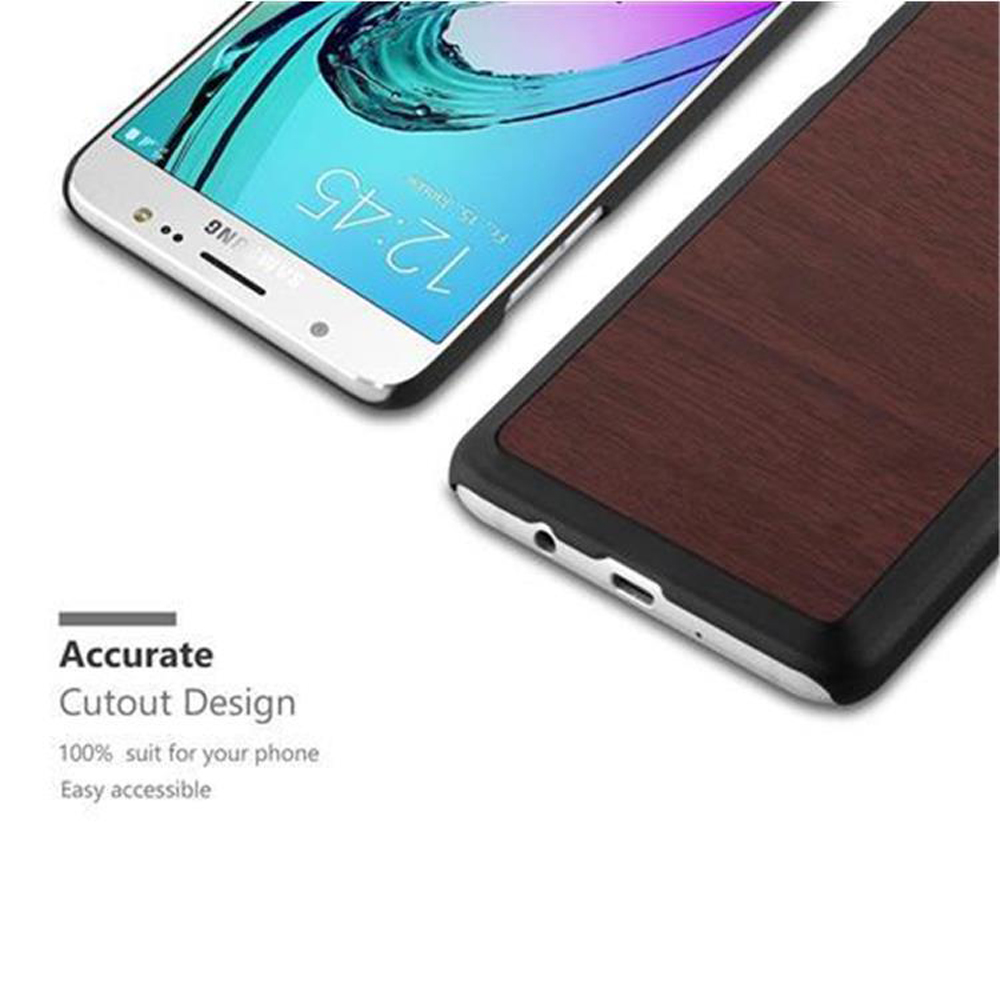 Primer plano de un teléfono y su funda, con diseño de vetas de madera.