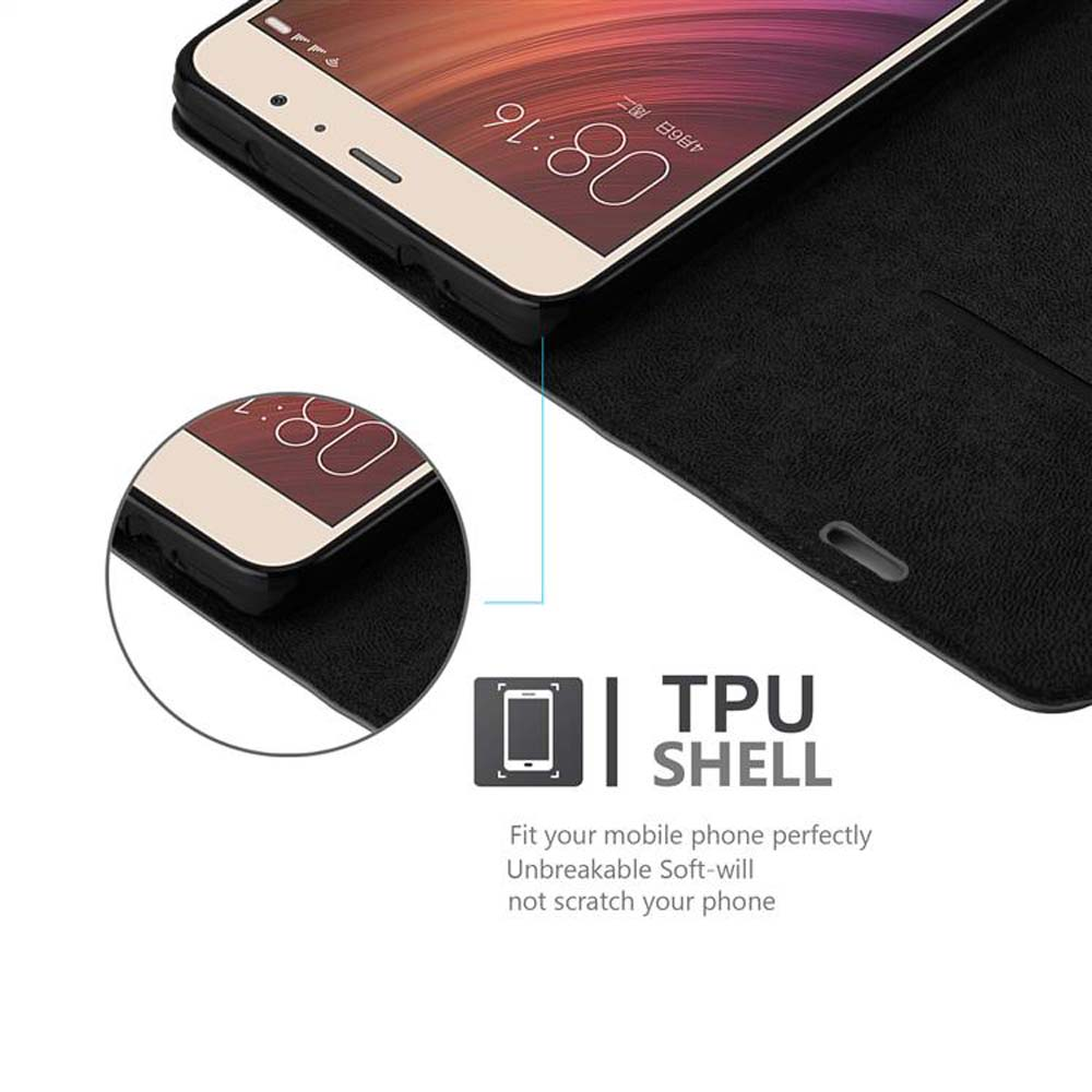 Eine Handyhülle ist geöffnet, mit einem Telefon darin. Die Hülle hat eine TPU-Schale.