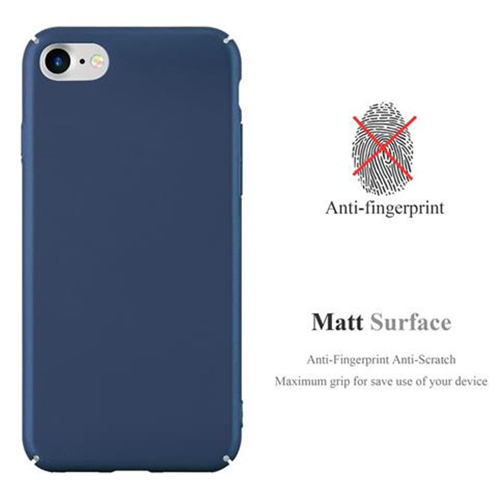 Custodia per telefono blu scuro. Testo: Anti-impronte, superficie opaca, antigraffio, massima presa. Sfondo bianco.