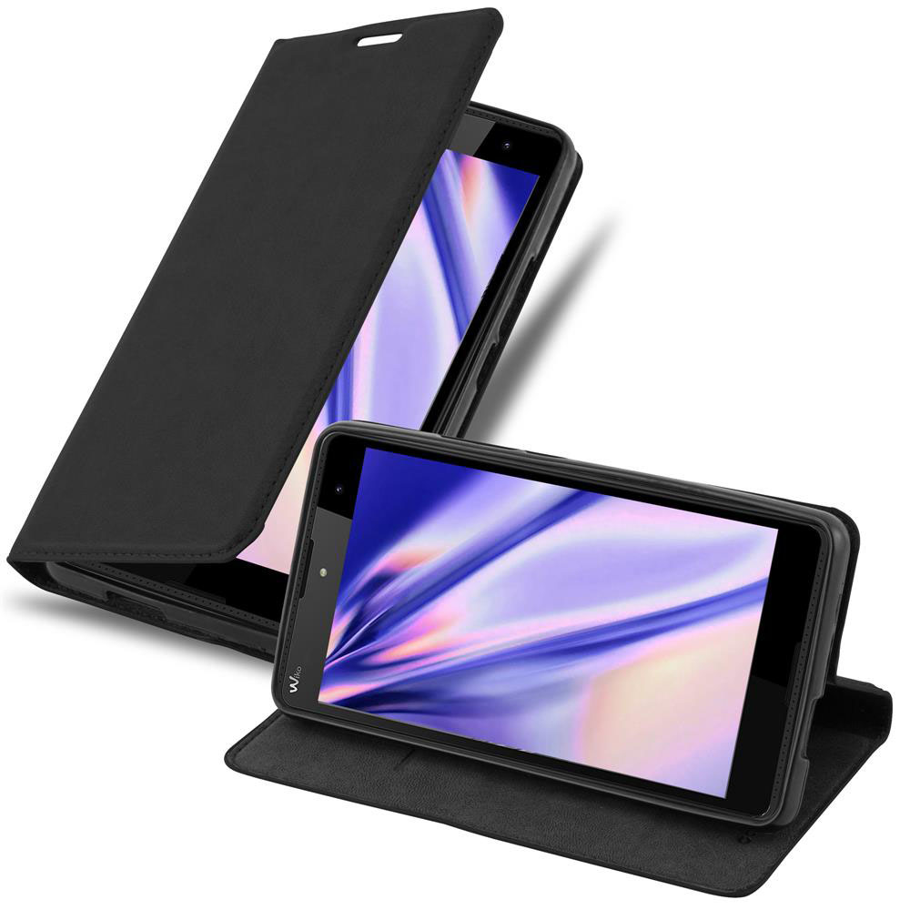 Teléfono negro en funda, abierta y cerrada. La funda es similar al cuero. La pantalla muestra una imagen colorida.