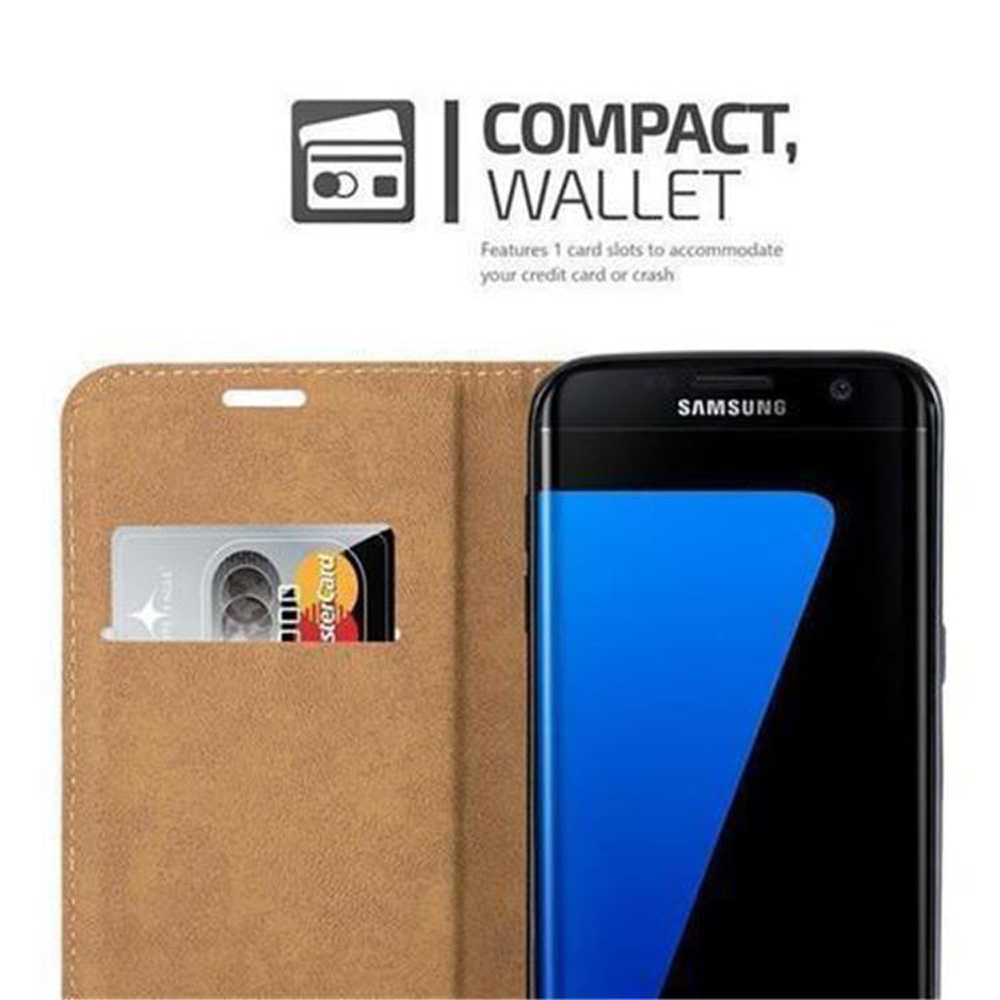 Custodia per telefono aperta, con slot per schede. Telefono Samsung visibile. Colori marrone e nero.